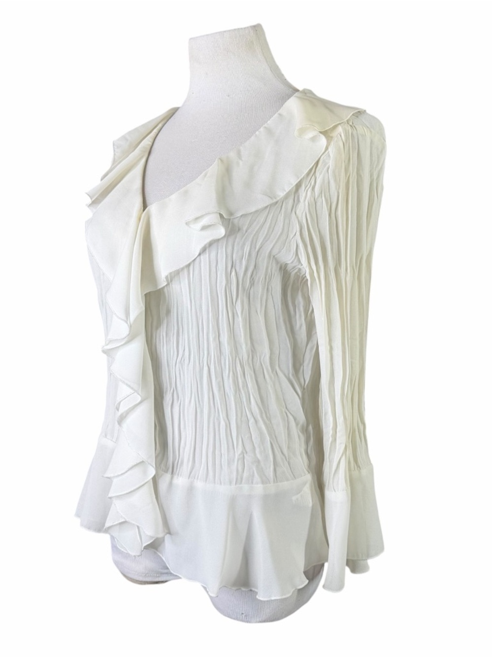 Sunny Taylor Cream Waterfall Ruffle Crinkle Long Sleeve Button Front Blouse - M - Picture 4 of 15